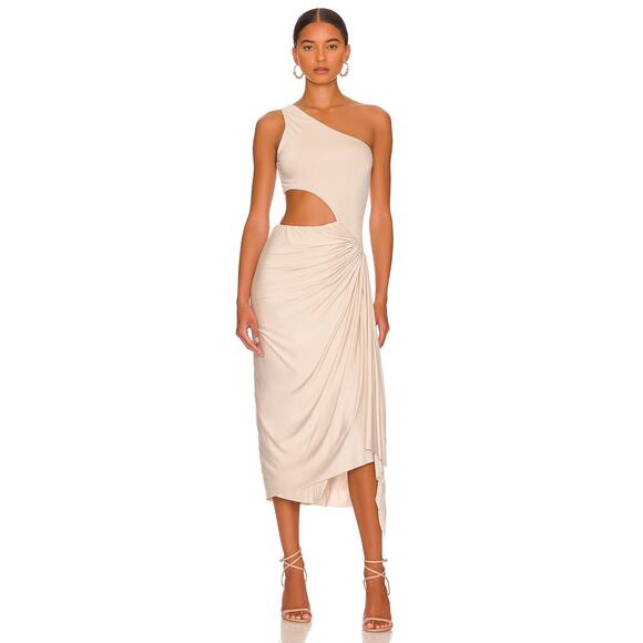 L'Academie Lara Midi Dress Nude One‎ Shoulder Jersey Smock Side Cut Out Sz S